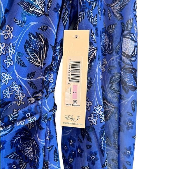 ELIZA J Floral Print Balloon Sleeve Ruffle Tiered Skirt Wrap Midi Dress - Picture 7 of 7